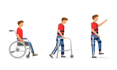 Exoskeleton rehabilitation. Evolution of disabled man. Character on wheelchair, stay with crutches, walking with exosuit. Vector