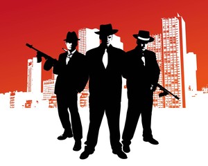 Fototapeta Mafia boss with machine gun stands in front of skyline of a city with design elements in the background obraz