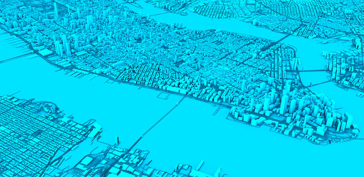 Satellite view of New York city, map, 3d buildings, 3d rendering. Streets and skyscrapers of Manhattan. Usa