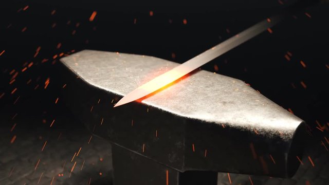Traditional forge with an anvil. Farrier with hammer is hitting glowing sword.