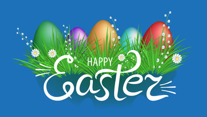 Colorful Easter eggs in green grass with flowers and lettering happy Easter on blue background. Decorative element for design. Vector