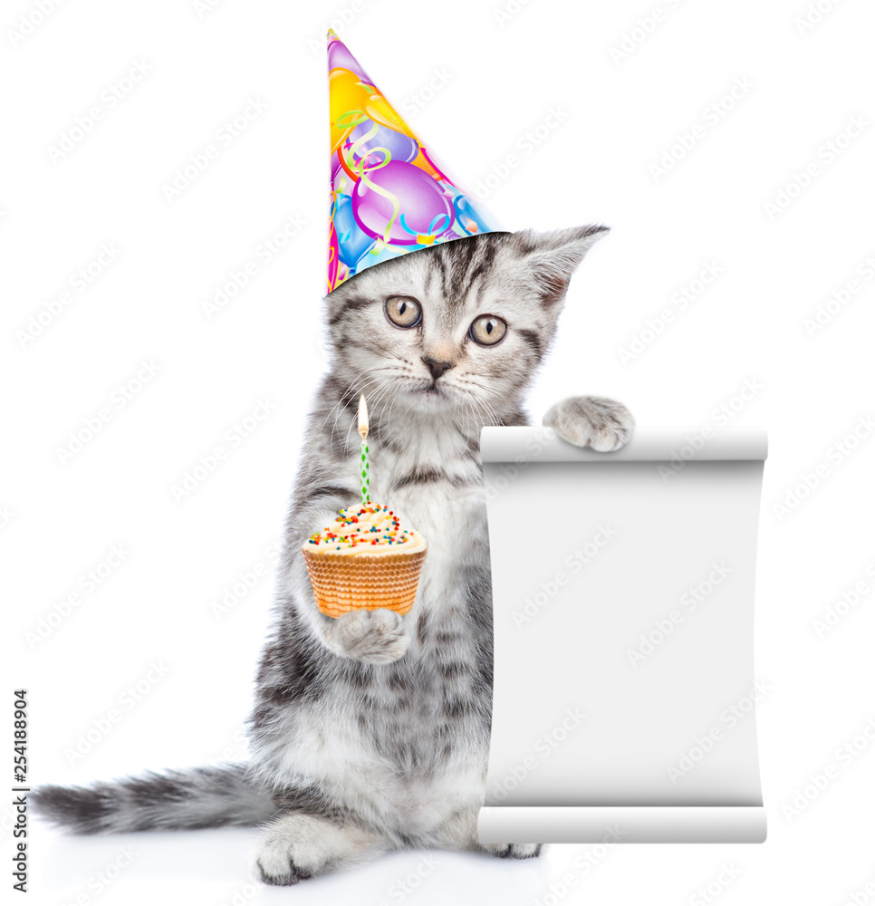 Poster cat in birthday hat holding cupcake and empty list. isolated on white background