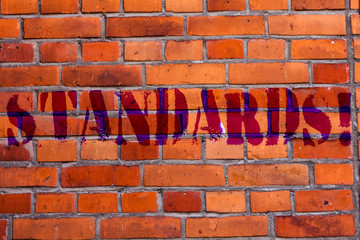 Text sign showing Standards. Business photo text Quality Controls Regulations Guidelines Brick Wall art like Graffiti motivational call written on the wall
