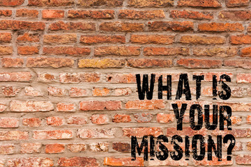Handwriting text writing What Is Your Missionquestion. Conceptual photo asking someone about his plans and todo list Brick Wall art like Graffiti motivational call written on the wall