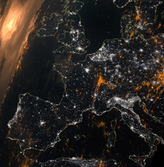 European map composition space view. Night illumination from city lights. Elements of this image...