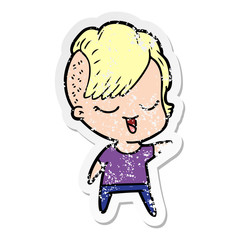 distressed sticker of a happy cartoon girl