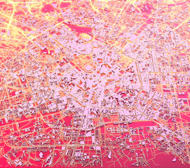 Satellite view of Milan, map, 3d buildings, 3d rendering. Streets and skyscrapers of Milan, Lombardy, Italy. Night view