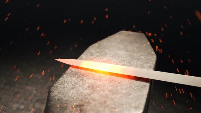 Traditional forge with an anvil. Farrier with hammer is hitting glowing sword.