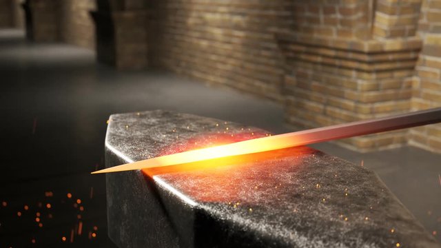 Traditional forge with an anvil. Farrier with hammer is hitting glowing sword.