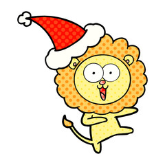 happy comic book style illustration of a lion wearing santa hat