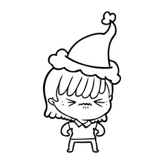 annoyed line drawing of a girl wearing santa hat