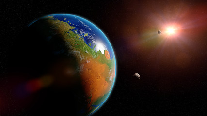 Fototapeta na wymiar sunrise over terraformed Mars, plants and oceans on the red planet (3d space illustration, elements of this image are furnished by NASA)