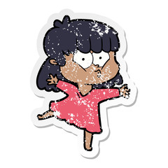 distressed sticker of a cartoon whistling girl