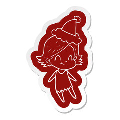 cartoon  sticker of a friendly girl wearing santa hat