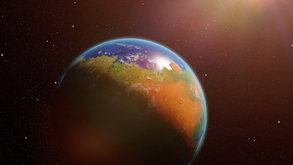 Obraz na płótnie Canvas sunrise over terraformed Mars, plants and oceans on the red planet (3d space render, elements of this image are furnished by NASA)