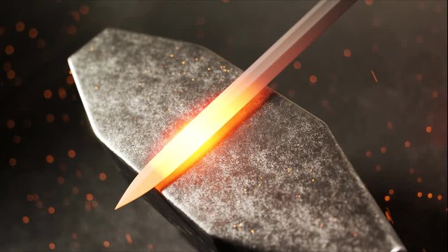 Traditional forge with an anvil. Farrier with hammer is hitting glowing sword.