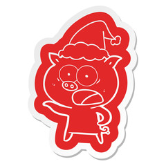 cartoon  sticker of a pig shouting wearing santa hat