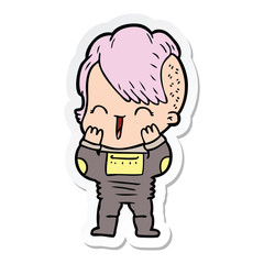 sticker of a cartoon happy hipster girl wearing space suit