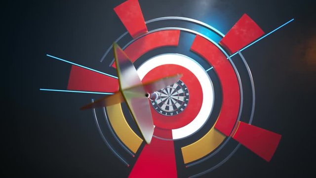 Player throwing a dart hitting perfectly in the bullseye of the dartboard.
