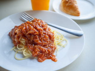 Spaghetti bolognese on table