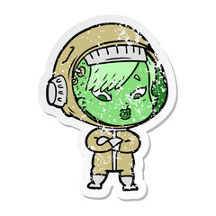 distressed sticker of a cartoon astronaut woman