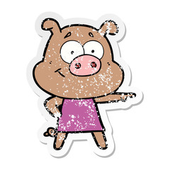 distressed sticker of a happy cartoon pig
