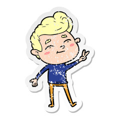 distressed sticker of a happy cartoon man giving a peace sign