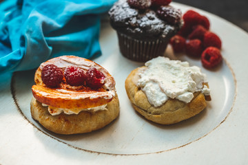 Polish cuisine - crispy, baked bread with yogurt, cinnamon, chilli, apples and raspberries