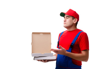 Fototapeta na wymiar Pizza delivery worker isolated on white 