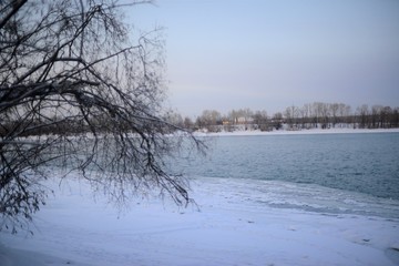 winter landscape with frozen trees and river