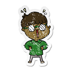 distressed sticker of a cartoon boy wearing spectacles