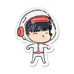 distressed sticker of a cartoon curious astronaut