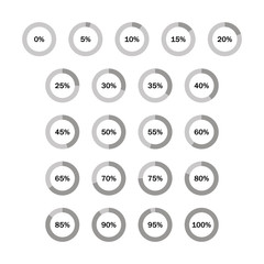 Set of circle percentage diagrams for infographics, 0 5 10 15 20 25 30 35 40 45 50 55 60 65 70 75 80 85 90 95 100 percent. Vector illustration.