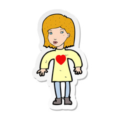 sticker of a cartoon woman wearing heart shirt