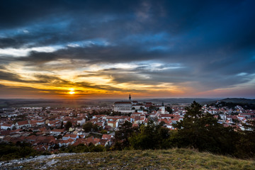 Colorful autumn Sunset over the Mikulov city, Moravia, Czech Republic