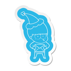 nervous cartoon  sticker of a boy wearing santa hat