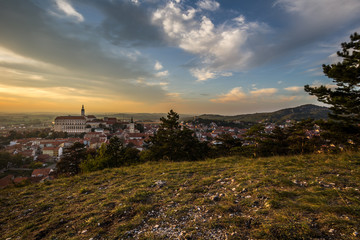 Colorful autumn Sunset over the Mikulov city, Moravia, Czech Republic