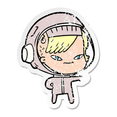 distressed sticker of a cartoon astronaut woman