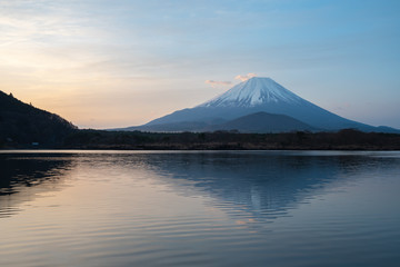 Fototapeta premium Mount Fuji, the World Heritage, view at Lake Shoji ( Shojiko ) in the morning. Mt. Fuji reflection on sunrise. Fuji Five Lake region, Yamanashi prefecture, Japan. Landscape for travel destination.