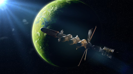 spaceship in orbit of a green alien planet, finding life in outer space (3d exoplanet illustration)