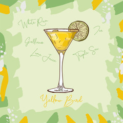 Yellow Bird Contemporary classic cocktail illustration. Alcoholic bar drink hand drawn vector. Pop art
