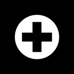Flat monochrome medical cross symbol for web sites and apps. Minimal simple black and white medical cross symbol. Isolated vector white medical cross symbol on black background.