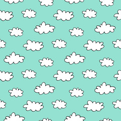 Sweet cartoon sky pattern with hand drawn doodle clouds. Cute vector blue sky pattern. Seamless cheerful sky pattern for fabric, wallpapers, wrapping paper, cards and web backgrounds.