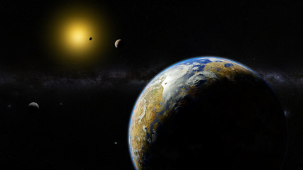 sunrise over alien planet, exoplanets in a distant star system (3d astronomy rendering)