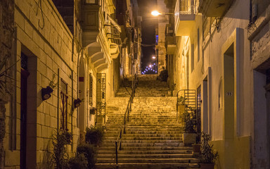 Night view on a alleyway with many steps,lights and handrail covered by old house fronts. Some flowers in the pot. Located in Malta.