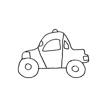 Linear cartoon hand drawn car. Cute vector black and white car doodle. Isolated monochrome car object on white background.