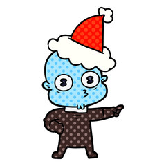 comic book style illustration of a weird bald spaceman wearing santa hat