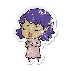 distressed sticker of a pretty cartoon elf girl with corssed arms