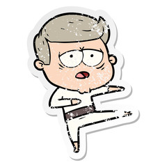 distressed sticker of a cartoon tired man