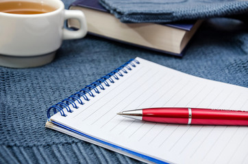 cup of tea in a warm sweater, books and notebook